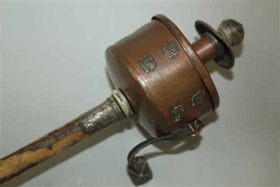 A Tibetan childs copper and wood prayer wheel, late 19th century 22.5cm